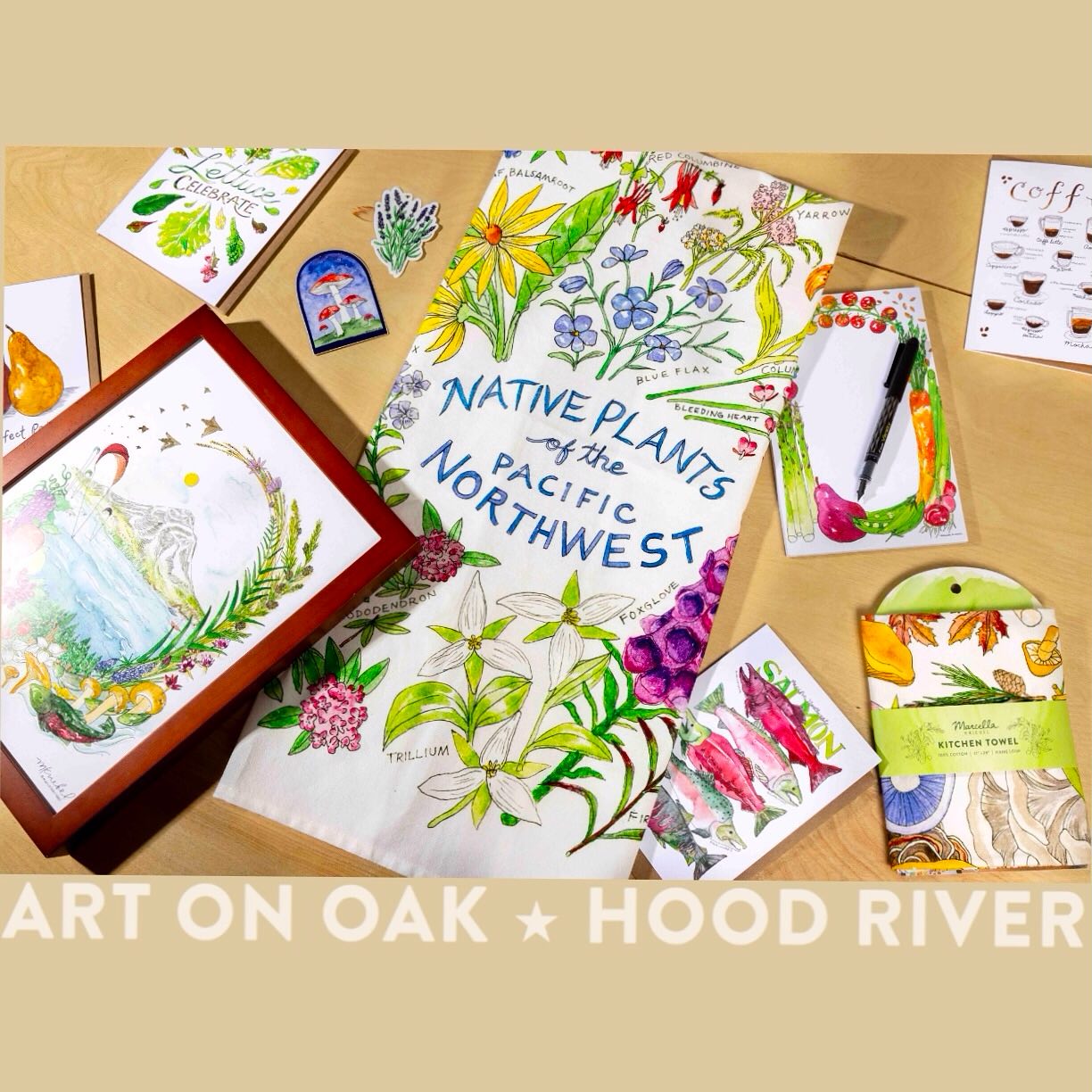 This weekend, two celebrated Art On Oak artists will be exhibiting their creations at the Hood River Harvest Festival @hoodriverharvestfest. Marcella Kriebel @marcellakriebel will have a variety of offerings of her lovely watercolors (prints, cards, towels, totes), and Rebecca Brochu’s beautiful ceramic art @onlyforclay will be on full display. If you can’t make it to the festival at the Hood River Event Site on Friday the 10th, Saturday the 11th, or Sunday the 12th, come by the gallery at 210 Oak St. in downtown Hood River any day of the week from 10 a.m. to 5 p.m. “The friendliest gallery in the Gorge.” #watercolor #watercolorillustration #watercolorprints #kitchentowels #notecards #totes #ceramics #ceramicartist #pottery #raku #glazedpottery #oregonart #oregonartist #hoodriver #hoodriveroregon #visithoodriver