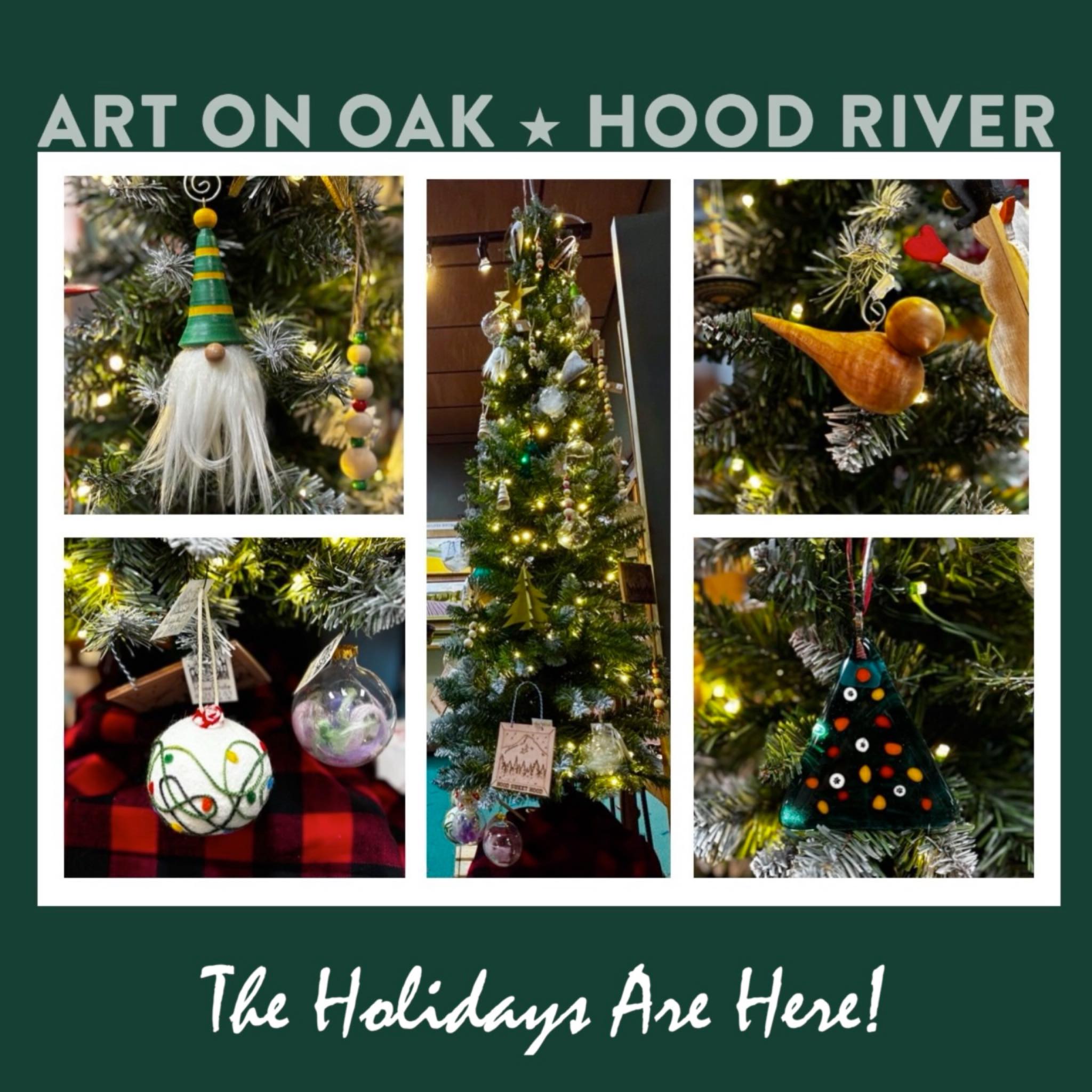 It’s time to celebrate! Our holiday tree is up and filled with delightful ornaments created by our Art on Oak Artists @baldwincreekglass @rosegatestudio2021 @burkewurkes @chechaquoranchstudio @baskocreative. Come on down to the gallery at 210 Oak St. on your way to the Hood River tree lighting festivities on Friday. We’ll be open until 7 p.m. with good cheer, good music, and great art. And our new neighbor, Porron Cellars @porroncellars, is holding their grand opening party at 5:30 p.m., so come by to celebrate with them, too! #holidaytree #holidayornaments #fusedglass #woodturning #woodenornaments #glassornaments #metalornaments #feltedwool #feltedwoolornaments #hoodriver #hoodriveroregon #visithoodriver #oregonart #oregonartist #winetasting #winetastingroom