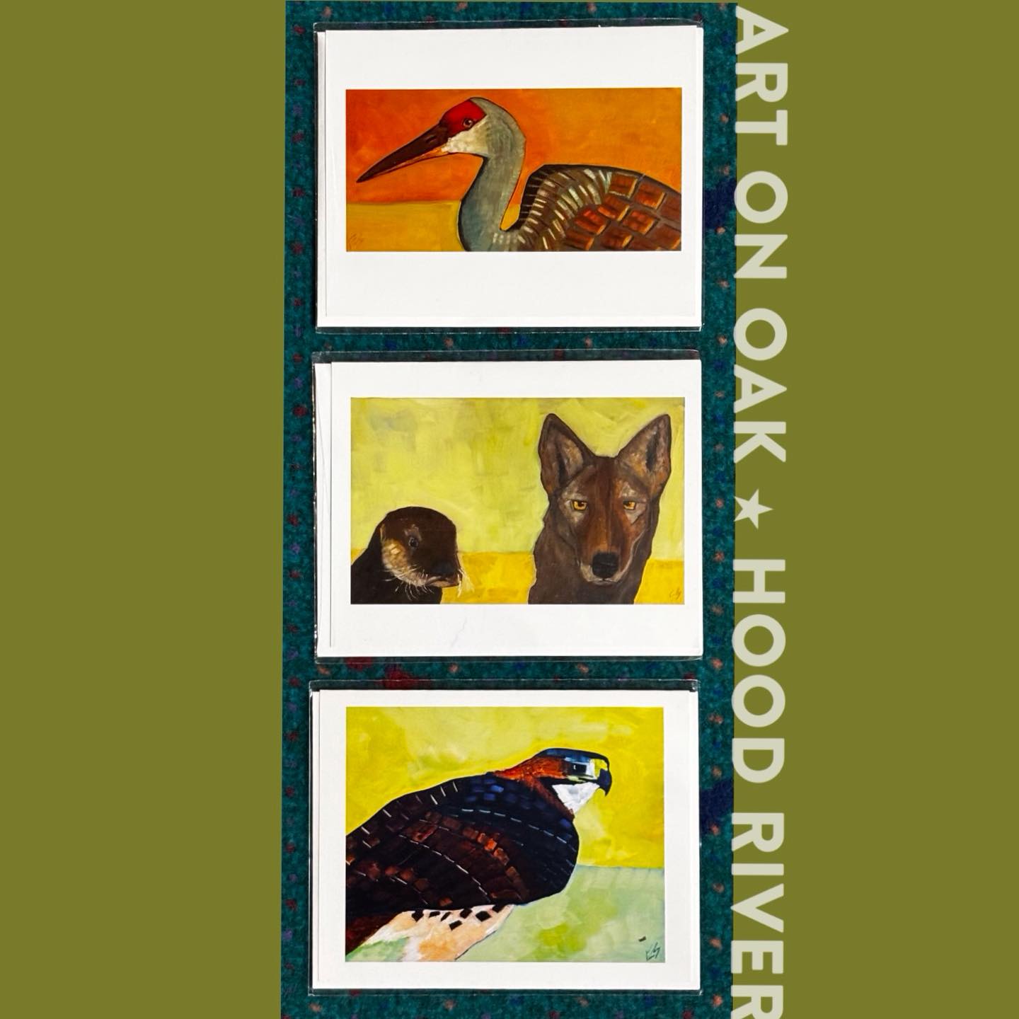 Our artists are making wonderful cards for your holiday greetings! From Elizabeth See’s delightful animals and birds @elizabeth.see.5 to Roslyn Girdham’s adorable hand-printed banana slugs @gentlehorsecreations, from Heather Marlow’s lovely pastels @heathermarlowart to Marcella Kriebel’s watercolors prints @marcellakriebel and Rachel Harvey’s mystical landscapes @rachelharveyart, we’ve got all kinds for you. Stop by Art On Oak, 210 Oak St., Hood River, OR, for your holiday shopping. Our regular hours are 10:00 a.m. to 5:00 p.m. — and this Friday and Saturday, the 12th and 13th, we’ll be open until 7:00 p.m.  DOWNTOWN PARKING IS FREE through Christmas Day! “The friendliest gallery in the Gorge.” #greetingcards #holidaycards #holidaygreetings #printedcards #handprintedcards #watercolorprints #pastelprints #animalcards #birdcards #snails #landscapecards #landscapes #oregonart #oregonartist #hoodriveroregon #visithoodriver