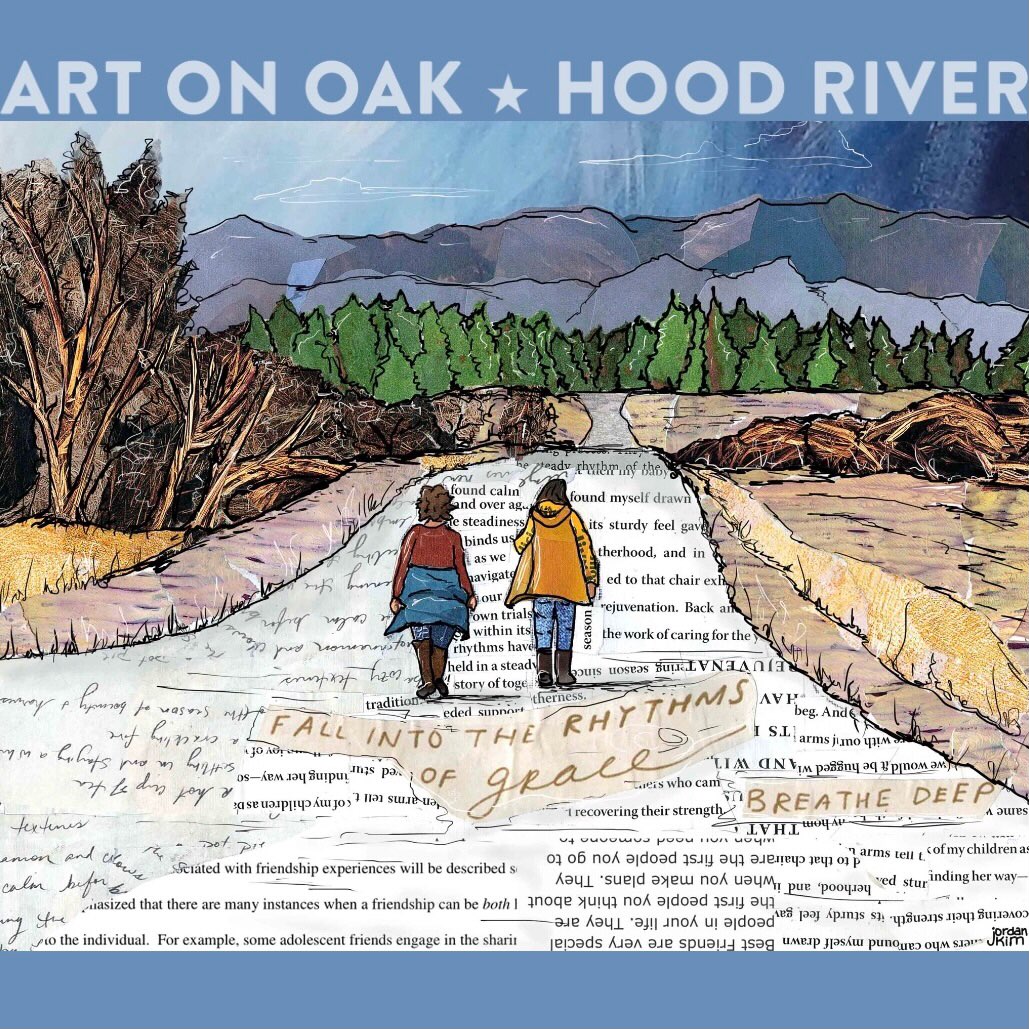 LAST MINUTE SHOPPING IDEA: Art from Jordan Kim @foundandrewound. Jordan’s collages are on tiny purses, prints, calendars, and original art, both big and small. She creates them using layers and layers of found paper, her amazing illustration skills, and her deep sensitivity and kindness. She also teaches collage classes for both kids and adults at Grateful Vineyard @gratefulvineyard, Mt. Hood Town Hall @mthoodtownhall_official, and Tokki Art Supply @tokkiartsupply. Come pick up one of her pieces, or something from any of our thirty regional artists, at Art On Oak, 210 Oak St., Hood River, OR. We open at 10:00 a.m. every day and will be here until 7:00 p.m. through Tuesday, the 23rd. And, on Christmas Eve, we’ll be open until 4:00 p.m.  Downtown PARKING IS FREE through Christmas Day. “The friendliest gallery in the Gorge.” #collage #collageartist #collageartwork #hoodriveroregon #visithoodriver