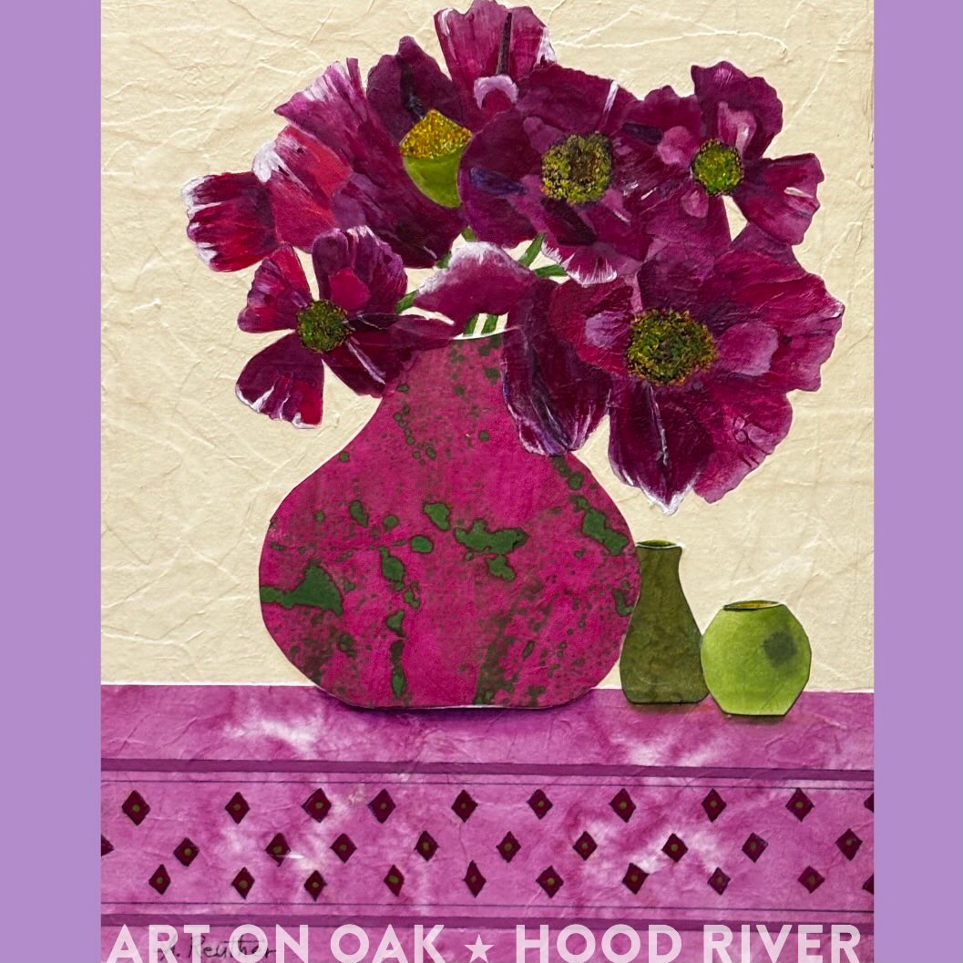 FEATURED ARTIST OF THE WEEK: Anita Reuther @a.reuther.art has new flowers, birds, and fruit gracing the gallery. She applies Citra Solv Cleaner to the pages of old National Geographic magazines to discover the colors that emerge and then uses these pages, as well as hand painted paper, to create her lovely collages. Anita currently lives in Portland where she exhibits her work at numerous festivals and galleries as well as at Art On Oak, 210 Oak St., Hood River, OR. Come see her pieces and those of thirty other regional artists any day of the week from 10:00 a.m. to 5:00 p.m. “The friendliest gallery in the Gorge.” #collage #citrasolvart #mixedmedia #oregonartist #visithoodriver