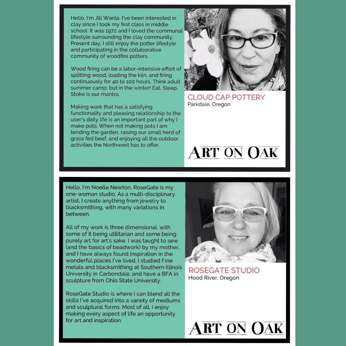 It’s WOMEN’S HISTORY MONTH! Art On Oak would like to honor two women who were original founders of this wonderful gallery: Jill Warila @cloud_cap_pottery and Noelle Newton @rosegatestudio2021.  Eleven years ago, Jill, a renowned Oregon potter, and Noelle, a multi-talented sculptor/jewelry maker/blacksmith/seamstress, along with ceramic artist Michael Scrivens, saw the need for a new vibrant local art cooperative. They discovered the 210 Oak St. space in downtown Hood river, OR, physically created a beautiful display configuration, brought together a group of leading regional artists, and the gallery was born. Although they have both stepped away from their leadership roles to focus on their art, they have left a legacy of a top tier gallery with a roster of exceptional artists. Thank you, Jill and Noelle! #womenshistorymonth #artgallery #womenentrepreneur #oregonartist #visithoodriver