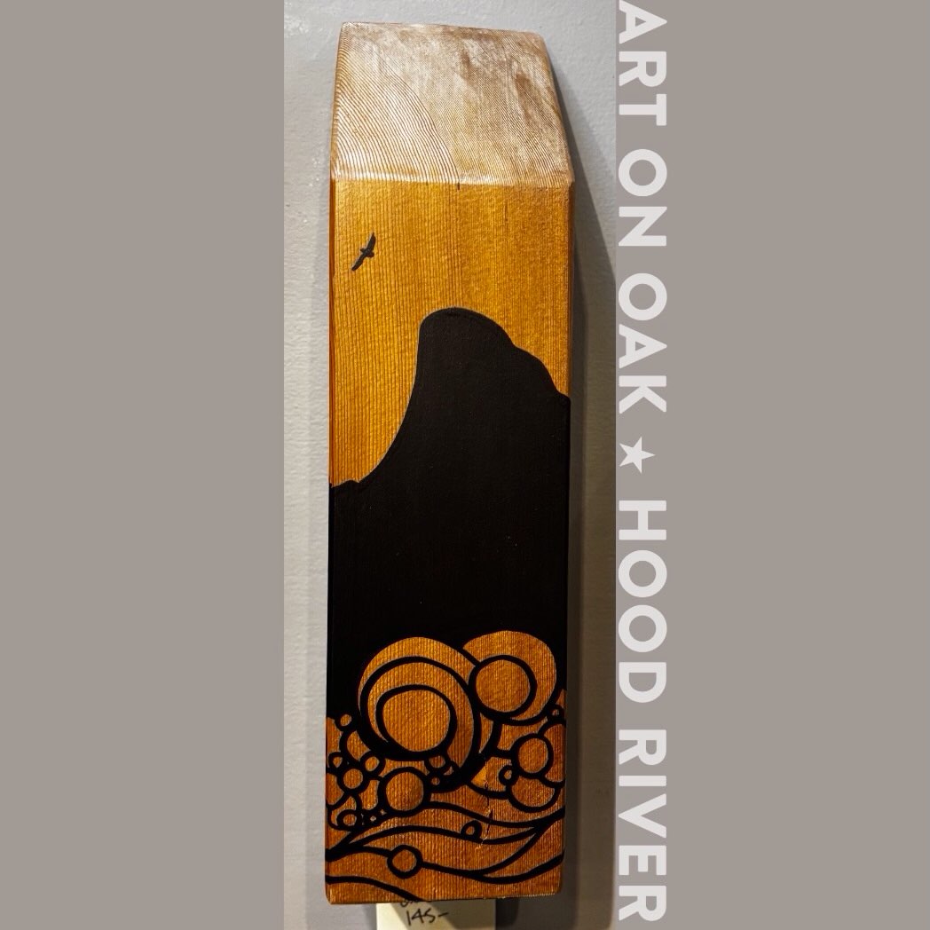 NEW WORK: Anna Laxague @baskocreative finds timber shards in the forest or barn wood rejects at building sites. After she meticulously sands, oils and cures each piece, she paints images of our beautiful Pacific Northwest on them, responding to the story the wood is telling her. She hopes to honor her Basque heritage, following in her family’s footsteps of creating works inspired by the beauty of nature. Come see her artistry, as well as that of thirty other regional creators, at Art On Oak, 210 Oak St. Hood River, OR. We’re open every day of the week from 10:00 a.m. until 5:00 p.m. “The friendliest gallery in the Gorge.” #recycledwood #recycledwoodart #mthood #oregonartist #visithoodriver