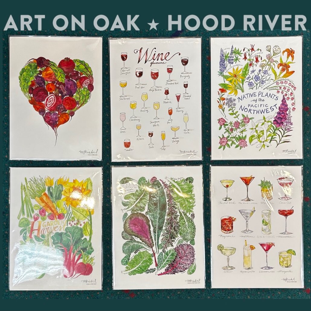 If your January budget is keeping you from thinking about buying original art, stop by Art On Oak for a print! Six of our magnificent painters have small prints of their original artwork available: Marcella Kriebel’s food and garden watercolors @marcellakriebel, Jordan Kim’s colorful collages @foundandrewound, Elizabeth See’s charming animal and flower paintings @elizabeth.see.5, Heather Marlow’s delicate pastel pieces @heathermarlowart, Anita Reuter’s landscapes and blooms @a.reuther.art, and Anna Kai’s evocative outdoor scenes @annakaiart. At 210 Oak St. In downtown Hood River, OR, we’re open from 10:00 a.m. - 5:00 p.m. every day of the week. “The friendliest gallery in the Gorge.” #watercolorprints #collageprints #animalartprints #pastelprints #landscapeprints